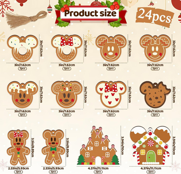 Gingerbread Ornaments for Christmas Tree Decorations, 24pcs Cute Christmas Wooden Gingerbread Man House Mouse Hanging Ornaments for Xmas Home Kitchen Decor Holiday Christmas Tree Party Supplies