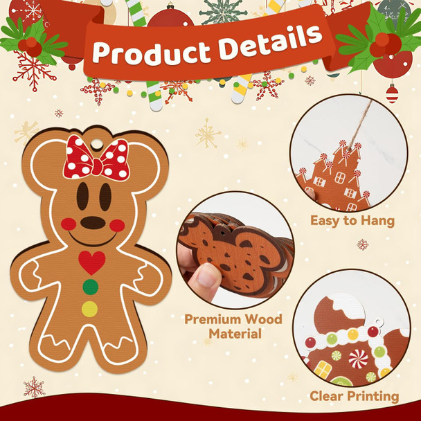 Gingerbread Ornaments for Christmas Tree Decorations, 24pcs Cute Christmas Wooden Gingerbread Man House Mouse Hanging Ornaments for Xmas Home Kitchen Decor Holiday Christmas Tree Party Supplies