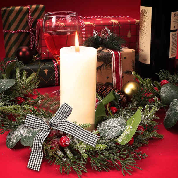 Enlarged Christmas Candle Rings Inner Diameter 4.1 in - 4 Pcs Candle Wreath Holders with Artificial Snow Buffalo Bow Leaves Berries for Xmas Holiday Party Wedding Table Centerpiece Decorations Enlarged Christmas Candle Rings Inner Diameter 4.1 in - 4 Pcs Candle Wreath Holders with Artificial Snow Buffalo Bow Leaves Berries for Xmas Holiday Party Wedding Table Centerpiece Decorations