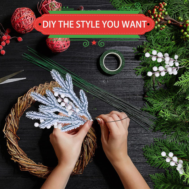 24PCS Christmas Berries Red Stems Evergreen Pine Needles Branches Fake Berry Frosted Pine Picks Greenery Stems for Crafts Wreaths Holiday Decor (White)