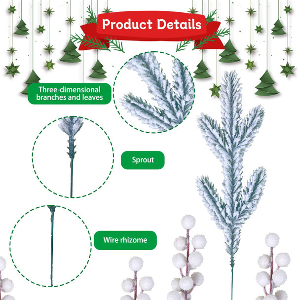 24PCS Christmas Berries Red Stems Evergreen Pine Needles Branches Fake Berry Frosted Pine Picks Greenery Stems for Crafts Wreaths Holiday Decor (White)