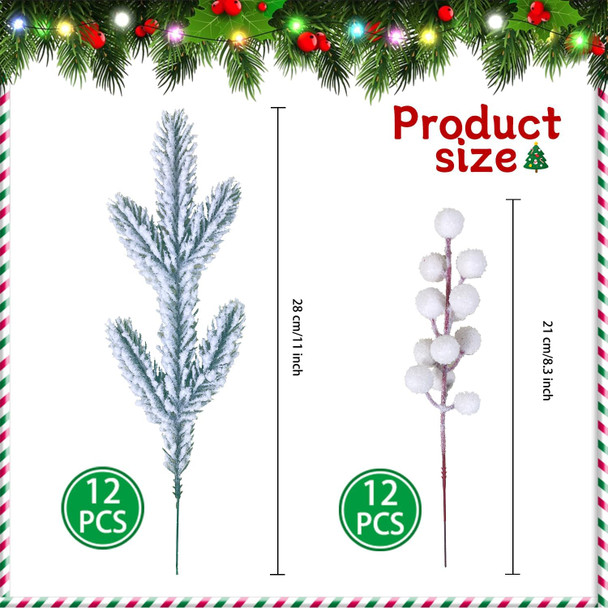24PCS Christmas Berries Red Stems Evergreen Pine Needles Branches Fake Berry Frosted Pine Picks Greenery Stems for Crafts Wreaths Holiday Decor (White)