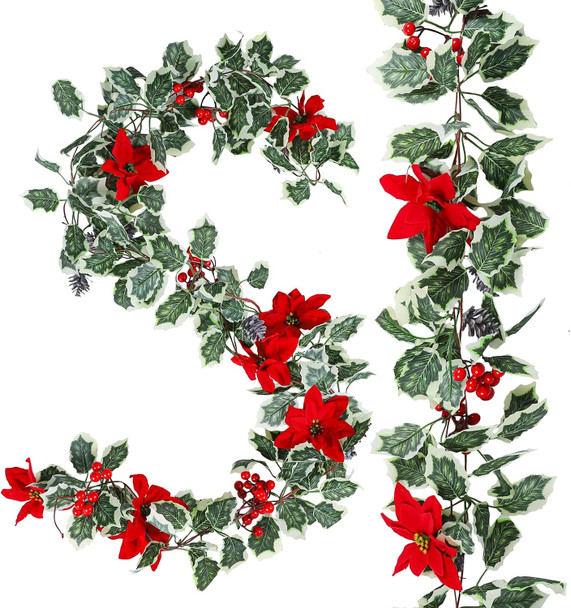 AnyDesign 15.7Ft Christmas Artificial Garlands with Red Poinsettias Berries Holly Leaves and Snowy Pine Cones Faux Vine Hanging Garlands for Winter Xmas Party Home Wedding Frame Backdrop Decor, 2Pcs
