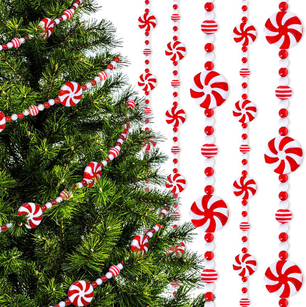 AnyDesign 9Ft Christmas Tree Candy Garland Fake Acrylic Peppermint Candy Christmas Garland Decoration Red White Candy Beaded wreath for Christmas Party Supplies Holiday Favors Xmas Home Decoration