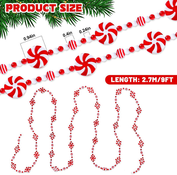 AnyDesign 9Ft Christmas Tree Candy Garland Fake Acrylic Peppermint Candy Christmas Garland Decoration Red White Candy Beaded wreath for Christmas Party Supplies Holiday Favors Xmas Home Decoration