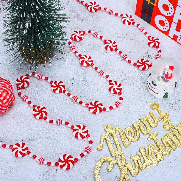 AnyDesign 9Ft Christmas Tree Candy Garland Fake Acrylic Peppermint Candy Christmas Garland Decoration Red White Candy Beaded wreath for Christmas Party Supplies Holiday Favors Xmas Home Decoration