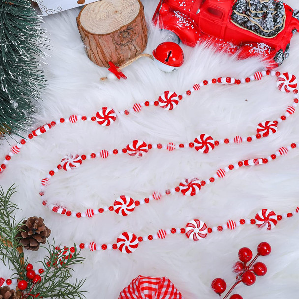AnyDesign 9Ft Christmas Tree Candy Garland Fake Acrylic Peppermint Candy Christmas Garland Decoration Red White Candy Beaded wreath for Christmas Party Supplies Holiday Favors Xmas Home Decoration