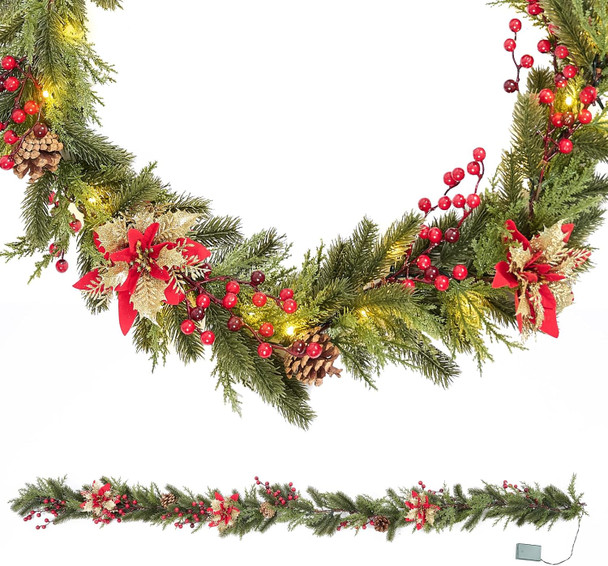 Pre-Lit Christmas Garland Decoration - 9FT Battery Christmas Garland with Lights, including Pine Cones, Safflower, Red Berry Cluster, Pine Branch, Leaves, Mixed Decors for Mantel Fireplace Stairs Door