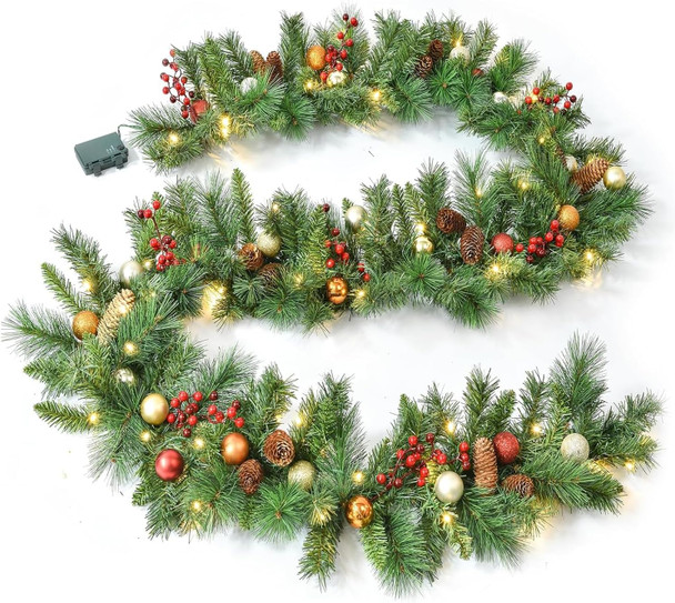 Aokia 9FT Pine Christmas Garland with 50LED Ligths,Pre-Lit Lighted Garland Decorated with Pine Cones,Red Berry Pine Cones and Ball Ornaments for Indoor Home Winter Holiday Year Xmas Decorations