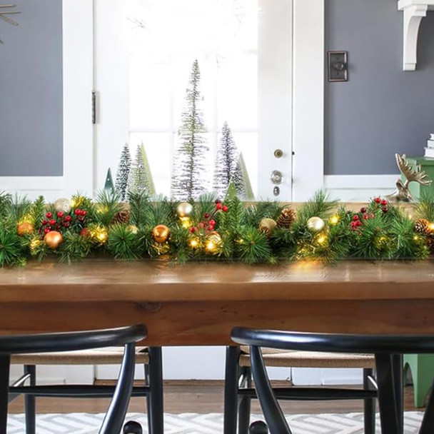 Aokia 9FT Pine Christmas Garland with 50LED Ligths,Pre-Lit Lighted Garland Decorated with Pine Cones,Red Berry Pine Cones and Ball Ornaments for Indoor Home Winter Holiday Year Xmas Decorations