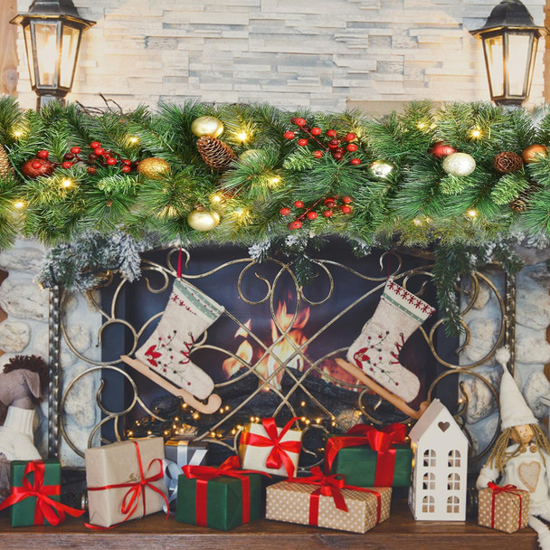 Aokia 9FT Pine Christmas Garland with 50LED Ligths,Pre-Lit Lighted Garland Decorated with Pine Cones,Red Berry Pine Cones and Ball Ornaments for Indoor Home Winter Holiday Year Xmas Decorations