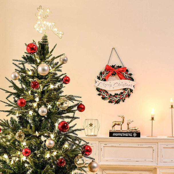 Christmas Wreath for Front Door, Wooden Christmas Door Wreath with Red Ribbon, Merry Christmas Wreath with Foldable Design and Magnets, Hanging Wreath for Holiday Rustic Farmhouse Wall Decor