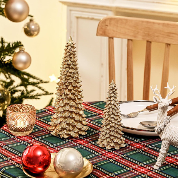 Gold Christmas Tree Figurines, 2Pcs Resin Glitter Christmas Tree for Tabletop Decoration, Small Christmas Tree Set, Decorative Xmas Trees for Christmas Mantel Indoor Home Decor