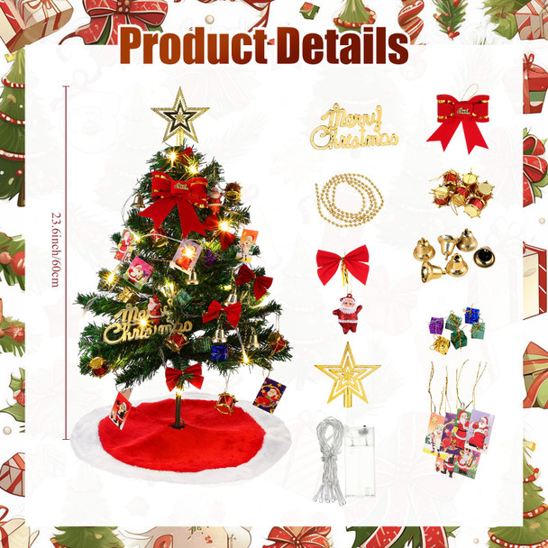 Aoriher 24" Mini Christmas Tree Set with Lights Tabletop Boxes Hanging Ornaments 15" Miniature Red Plush Tree Skirt Plush Christmas Tree Mat for DIY Christmas Decorations Home Bedroom