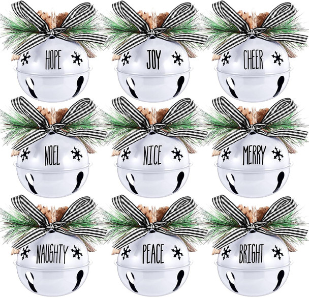 Aoriher 9 Pcs Christmas Bells Ornament 3.1" Rustic Christmas Jingle Bell Sleigh Letter Bells with Pine Cones Plaid Bow for Decoration DIY Holiday Door Window Tree Wreath Garland Party Supplies(White)