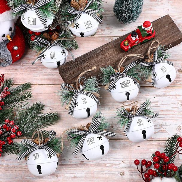 Aoriher 9 Pcs Christmas Bells Ornament 3.1" Rustic Christmas Jingle Bell Sleigh Letter Bells with Pine Cones Plaid Bow for Decoration DIY Holiday Door Window Tree Wreath Garland Party Supplies(White)