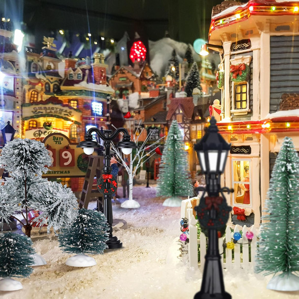 14 Pcs Christmas Accessories Village Figurine Miniature Pine Trees Snow Artificial Christmas Trees Bare Branch Trees Street Lights Lamps for Xmas DIY Crafts Winter Room Landscape (Vibrant Style)