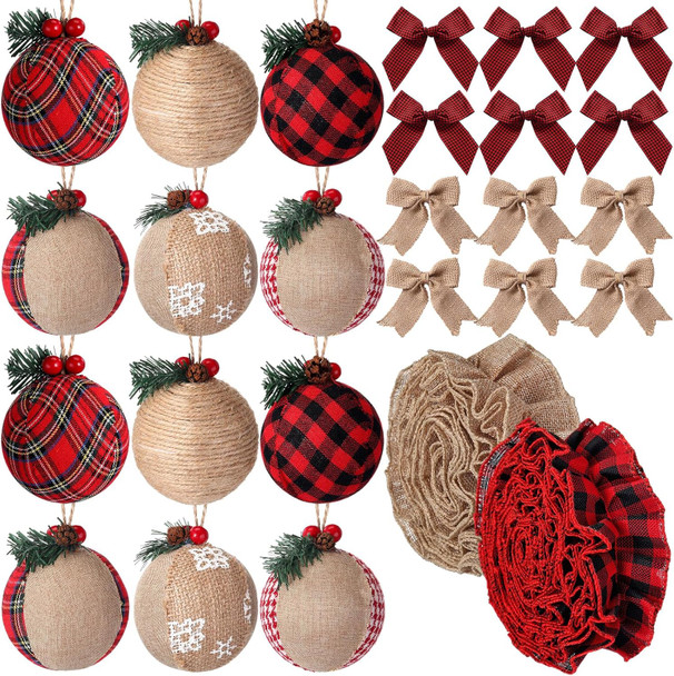 Aoriher 26 Pcs Burlap Christmas Ball Ornaments Rustic Farmhouse Christmas Tree Ornaments Decoration Hanging Buffalo Plaid Ornament Burlap Garland for Xmas Christmas Holiday Party (Red Black Plaid)