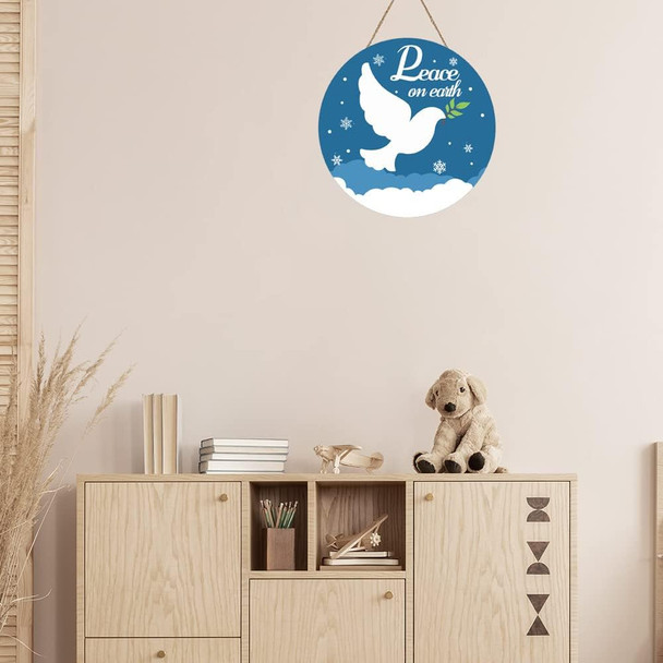 Christmas Hanging Wooden Sign Peace on Earth Door Sign Christmas Wall Decoration Blue Christmas Decoration Funny Winter Christmas Wreath Front Door Farmhouse Rustic Christmas Wooden Sign 12x12 Inch