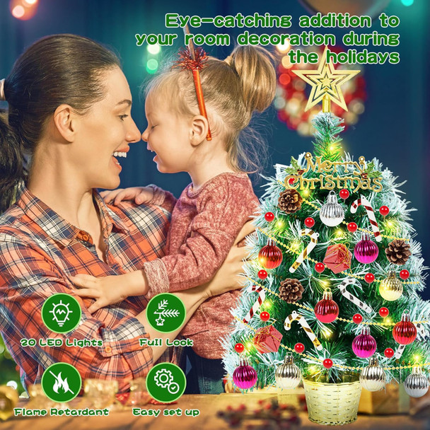 Mini Tabletop Christmas Tree with Lights 20" Small Prelit Artificial Desktop Christmas Tree Snow Flocked Pine Tree wiith Xmas Ball Ornaments