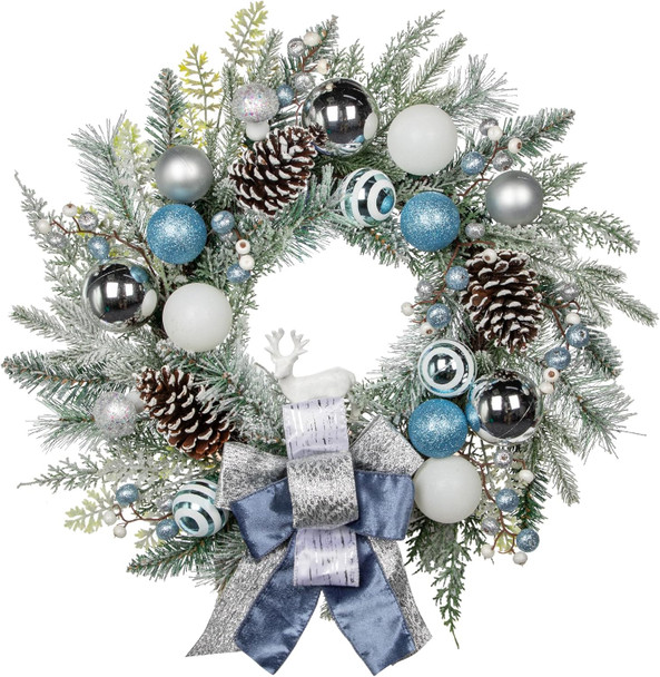 24" Christmas Wreath for Front Door Artificial Unlit Winter Wreath with Pine Cones, Berry Clusters, Blue Ball Ornaments and Ribbon for Thanksgiving Holiday Christmas Decoration