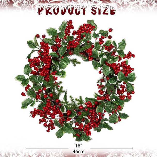 18" Christmas Wreath for Front Door Artificial Wreath with Berry Clusters and Holly Leaves for Christmas Thanksgiving Winter Holiday Decoration