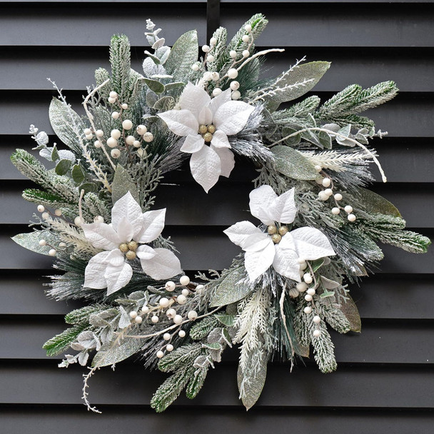 Winter Wreaths for Front Door 24 Inch Outdoor Christmas Wreath Artificial Winter Door Wreath with White Christmas Flowers,Snowy Eucalyptus and White Berry for Farmhouse Home Wall Door Decor