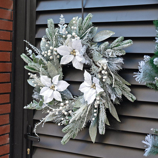 Winter Wreaths for Front Door 24 Inch Outdoor Christmas Wreath Artificial Winter Door Wreath with White Christmas Flowers,Snowy Eucalyptus and White Berry for Farmhouse Home Wall Door Decor