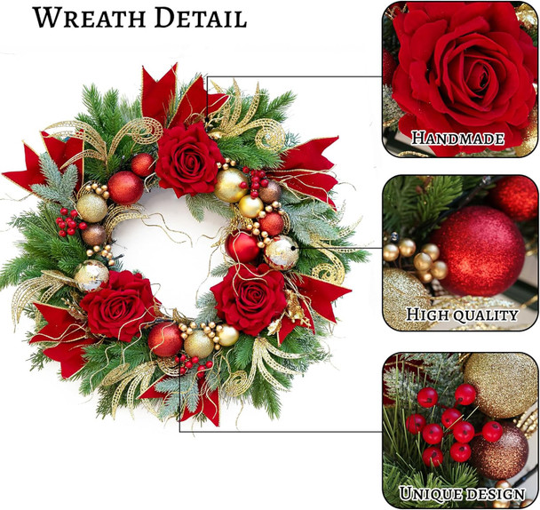 Pre-lit Christmas Wreaths for Front Door 24 Inch Outdoor Christmas Wreath with Lights,Luxury Lighted Xmas Door Wreath with Ball Ornamental,Red Rose Flowers for Farmhouse Home Decorations