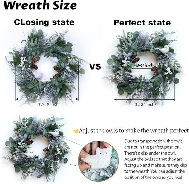 Winter Wreaths for Front Door 22 Inch Artificial Olive Eucalyptus Wreath Snowy Flocked Christmas Wreath with Cute Owl,Pine Cones,White Berries,Green Door Wreath for Indoor Outdor Decor
