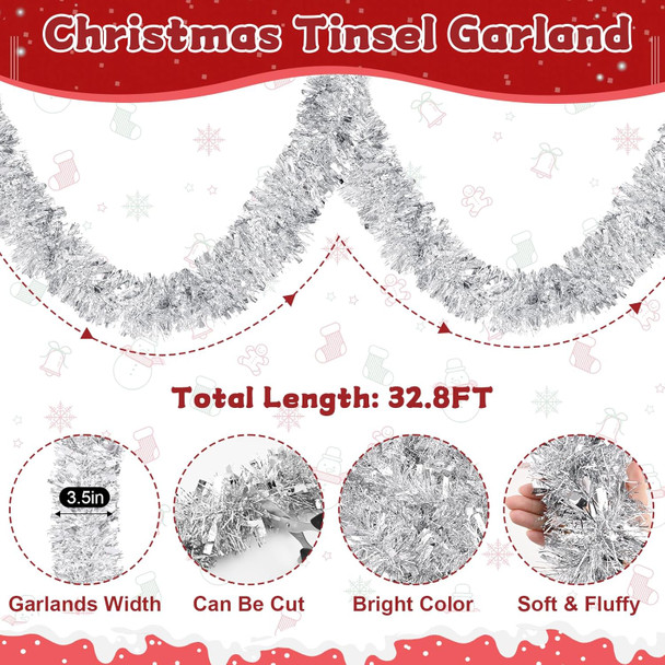 Christmas Garland, 32.8Ft Silver Christmas Tinsel Garland, Christmas Tree Garland Decorations for Home Party Birthday Holiday Indoor Outdoor Supplies