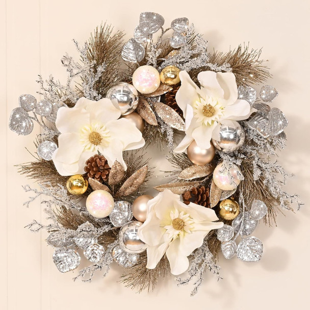 Christmas Wreath - Christmas Wreaths for Front Door with Lights, 18" Christmas Door Wreath with Magnolia Flowers Champagne Gold Christmas Balls for Home Wall Window Indoor Outdoor Decorations