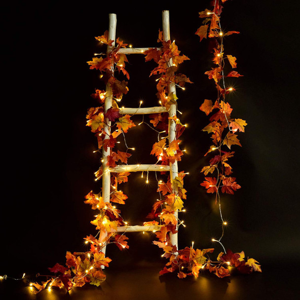 Artiflr 2 Pack Fall Garland Maple Leaf with 16.4Ft 40 LED String Light, 5.9Ft/Piece Hanging Vine Garland Artificial Autumn Foliage Garland Thanksgiving Decor for Home Wedding Fireplace Party Christmas