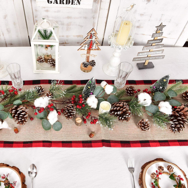 Artiflr 6FT Christmas Pine Garland with Berries Pine Cones Spruce Eucalyptus Leaves Cotton Balls Winter Greenery Garland, Artificail Berry Garland for Holiday Fireplace Table Runner Centerpiece Decor