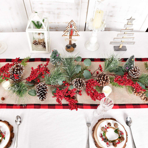 Artiflr 6Ft Berry Christmas Garland with Berries Pine Cones Spruce Eucalyptus Leaves Winter Pine Cones Garland for Holiday Season Mantel Fireplace Table Runner Centerpiece Decor