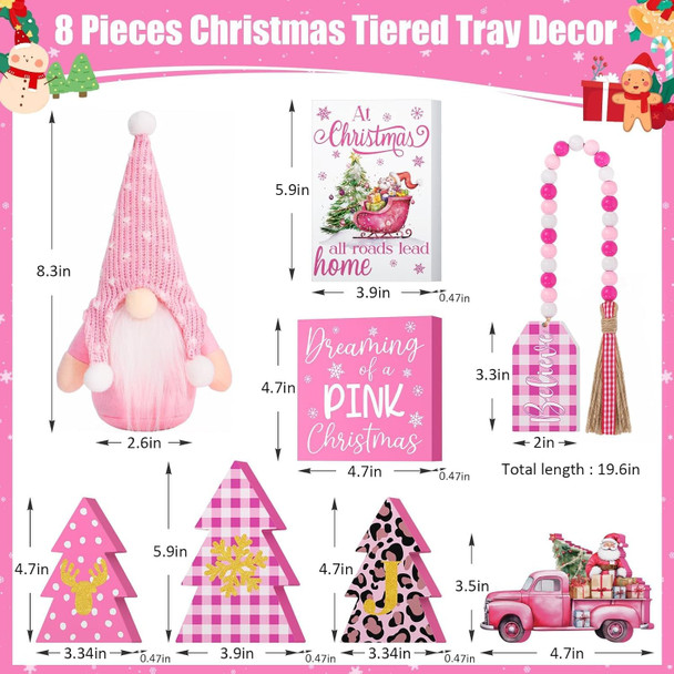 Pink Christmas Tiered Tray Decor 8 PCS Pink Christmas Decorations Indoor - Believe Christmas Wooden Signs & Pink Christmas Gnome Plush Set - Christmas Table Decor Tier for Home Kitchen Mantel
