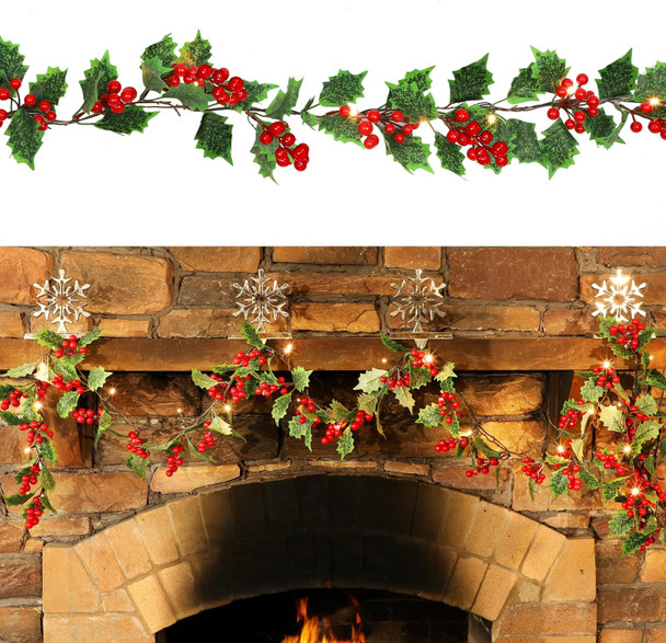 ATDAWN 9 FT Red Berry Christmas Lighted Garland, Battery Operated Christmas Garland with Lights, Flexible Artificial Pre Lit Garland for Indoor Fireplace Christmas Holiday Year Decoration, 2 Pack