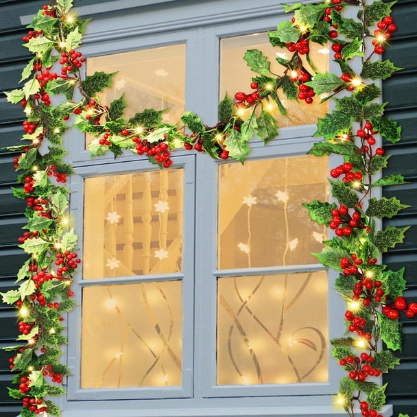 ATDAWN 9 FT Red Berry Christmas Lighted Garland, Battery Operated Christmas Garland with Lights, Flexible Artificial Pre Lit Garland for Indoor Fireplace Christmas Holiday Year Decoration, 2 Pack