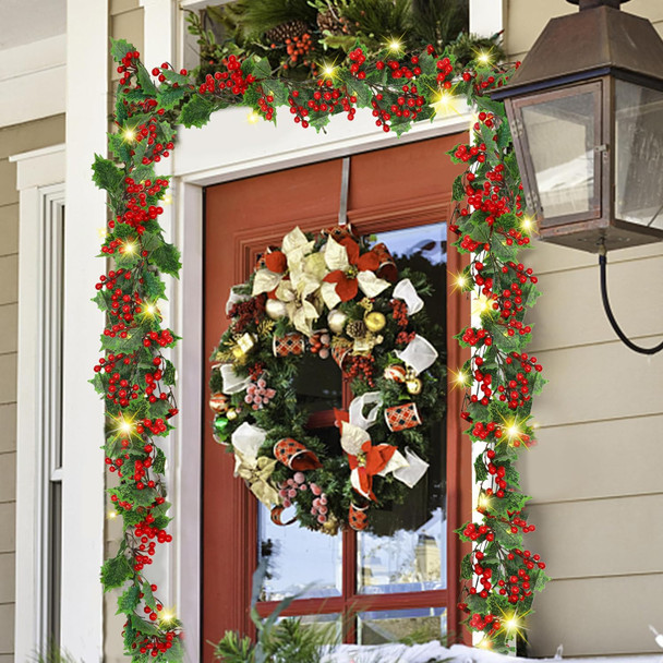 ATDAWN 9 FT Red Berry Christmas Lighted Garland, Battery Operated Christmas Garland with Lights, Flexible Artificial Pre Lit Garland for Indoor Fireplace Christmas Holiday Year Decoration, 2 Pack