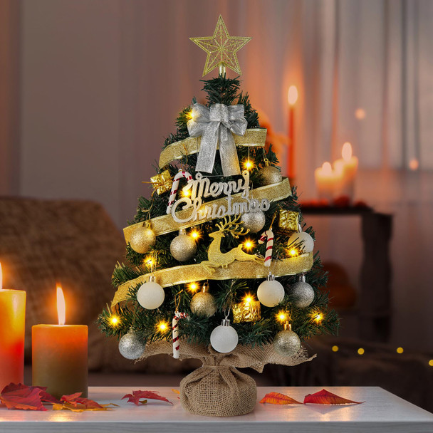 Mini Christmas Tree with 40 LED String Lights 24In/2FT Small Artificial Christmas Tree with 8 Modes Tabletop Fireplace Mantel Table Christmas Decorations Home Indoor Decor