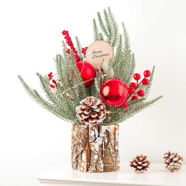 Mini Christmas Tree with Lights Artificial Small Table Top Christmas Tree 12In with Xmas Ball Pine Cone Berry Candy Canes Ornaments for Fireplace Mantel Centerpiece Christmas Decor Home Prelit Decor