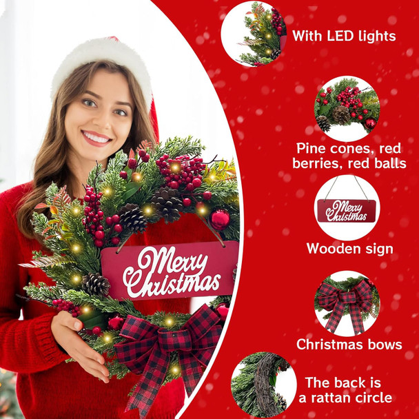 Christmas Wreaths for Front Door: Pre-lit Artificial Christmas Wreath with Lights & Welcome Sign, Lighted Christmas Decorations with Pine Cones/Berries/Bows Holiday Decor for Indoor Outdoor (20 Inch)