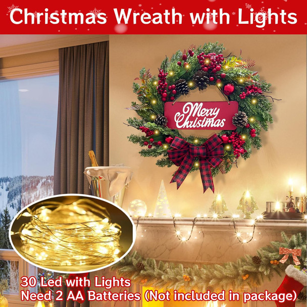 Christmas Wreaths for Front Door: Pre-lit Artificial Christmas Wreath with Lights & Welcome Sign, Lighted Christmas Decorations with Pine Cones/Berries/Bows Holiday Decor for Indoor Outdoor (20 Inch)