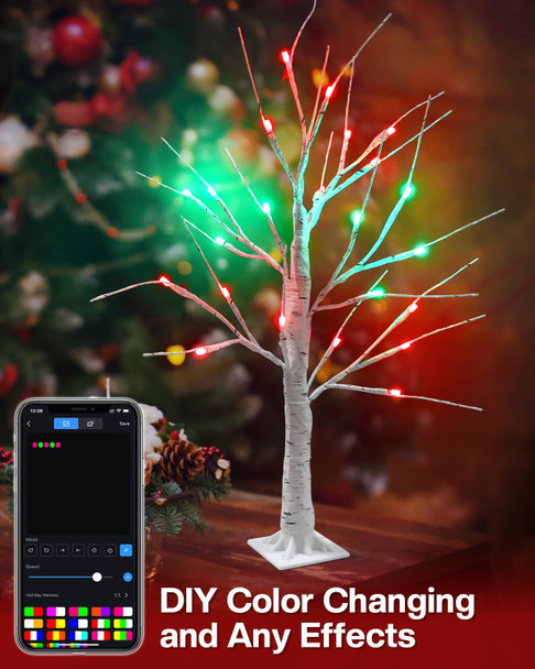 2FT Smart Lighted Birch Tree for Christmas Decorations Indoor, DIY Color Changing LED Tree for Table Decor Chasing Effect App Control, Fairy Lights Spirit Tree Lamp Timer for Home, USB Operated (2PK)