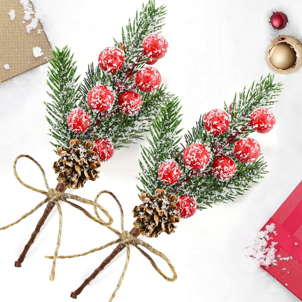 12PCS Christmas Berries Pine Cones Artificial Tree Picks Christmas Decorations with Snow Covered Evergreen Pine Branches for Holiday Family Gathering Craft Wrap Decor