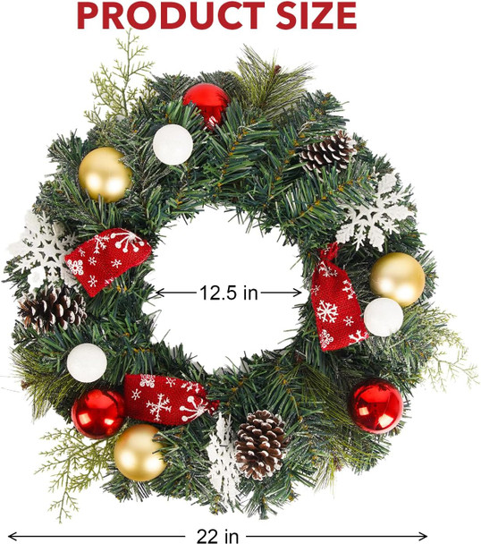 Christmas Wreath 22 Inches Door Wreath, Green,Snowflakes,Decorated with Ball Ornaments,Decorated with Pine Cones