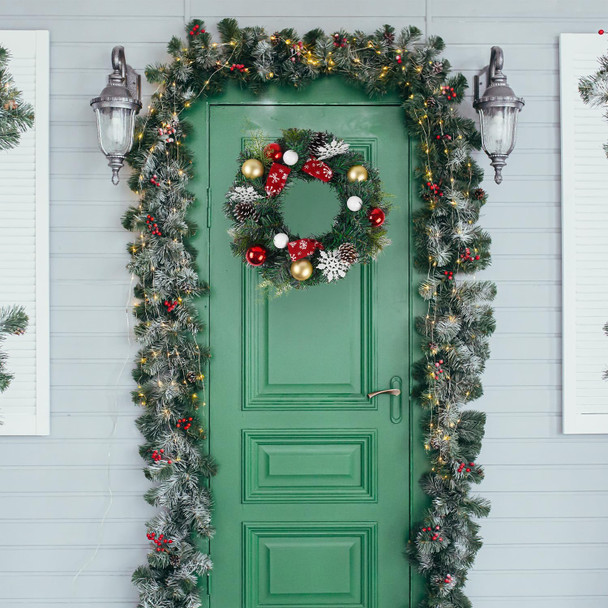 Christmas Wreath 22 Inches Door Wreath, Green,Snowflakes,Decorated with Ball Ornaments,Decorated with Pine Cones