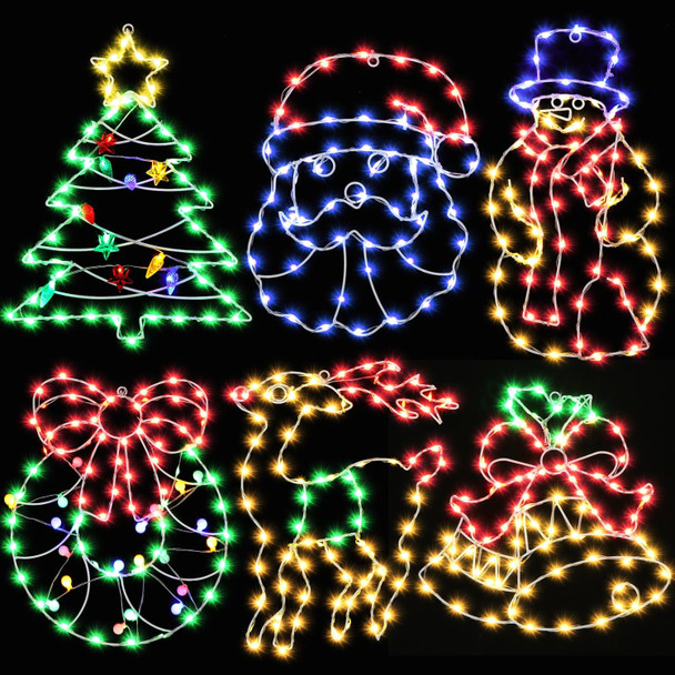 6 Pcs Christmas Window Silhouette Lights Decorations 16 Inch Waterproof Window Hanging Lights Deer Christmas Tree Santa Claus Garland Snowman Bells Lights for Party Holiday Wall Door