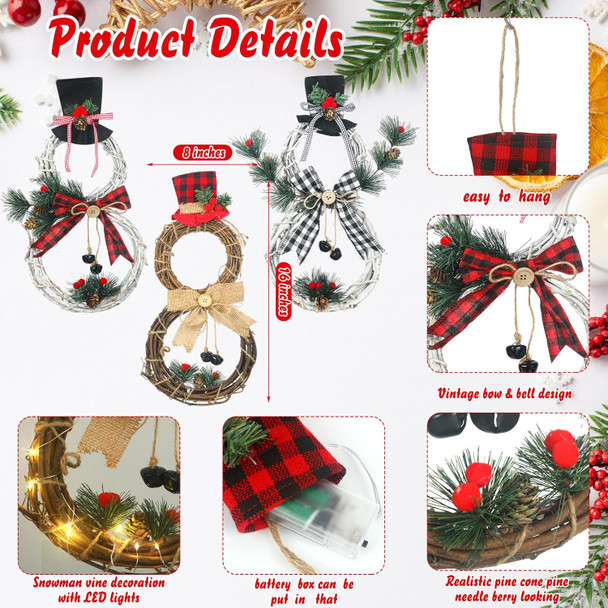 3 Pcs Lighted Christmas Wreath Decoration Grapevine Wreath with Hat Bow Holding Sign Red Berries Pine Cone Vine for Xmas Front Door Home Garden Wall Decor, Batteries Not Included (Snowman)