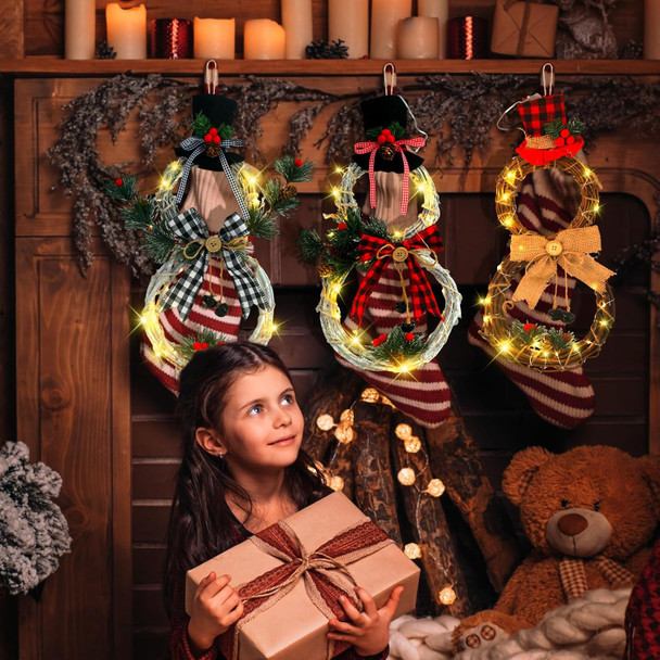3 Pcs Lighted Christmas Wreath Decoration Grapevine Wreath with Hat Bow Holding Sign Red Berries Pine Cone Vine for Xmas Front Door Home Garden Wall Decor, Batteries Not Included (Snowman)